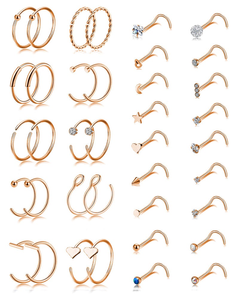 Tornito 20G 38Pcs Stainless Steel Nose Screw Studs Rings CZ Hoop Tragus Cartilage Nose Ring Labret Nose Piercing Jewelry for Men Women (A02:38Pcs, Rose Gold Tone) - Image 1